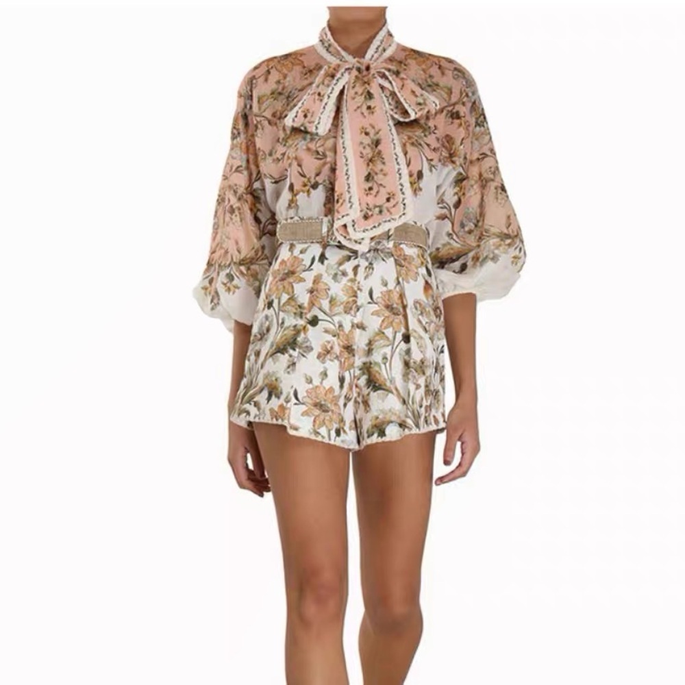 Designer-Style Chintz Tie-Neck Blouson Top and Shorts Set in Blush & Cream